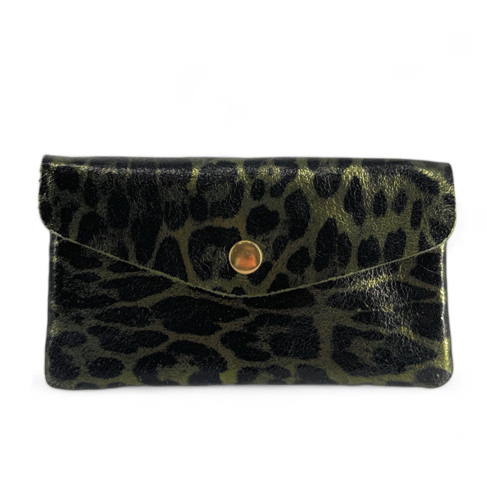 Pochette porte-monnaie en cuir irisé COMPO JUNGLE Léopard kaki irisé