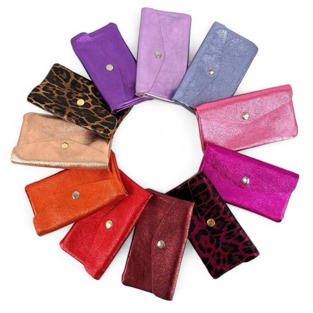 Pochette porte-monnaie en cuir irisé COMPO JUNGLE Leopard burgundy irisé