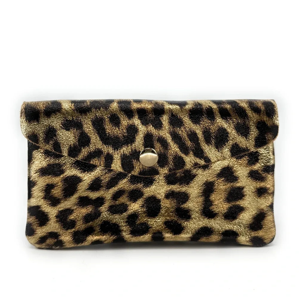 Pochette porte-monnaie en cuir irisé COMPO JUNGLE Léopard or vieilli