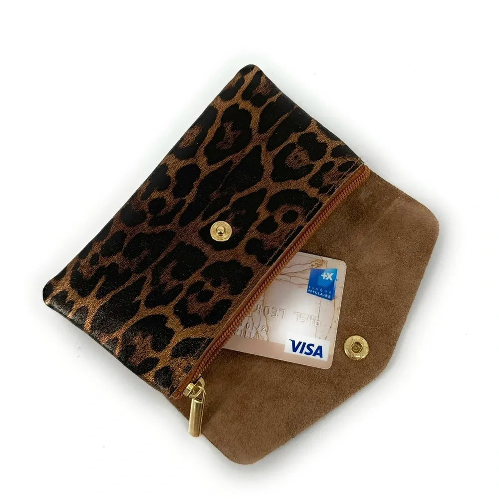 Pochette porte-monnaie en cuir irisé COMPO JUNGLE Léopard chocolat irisé