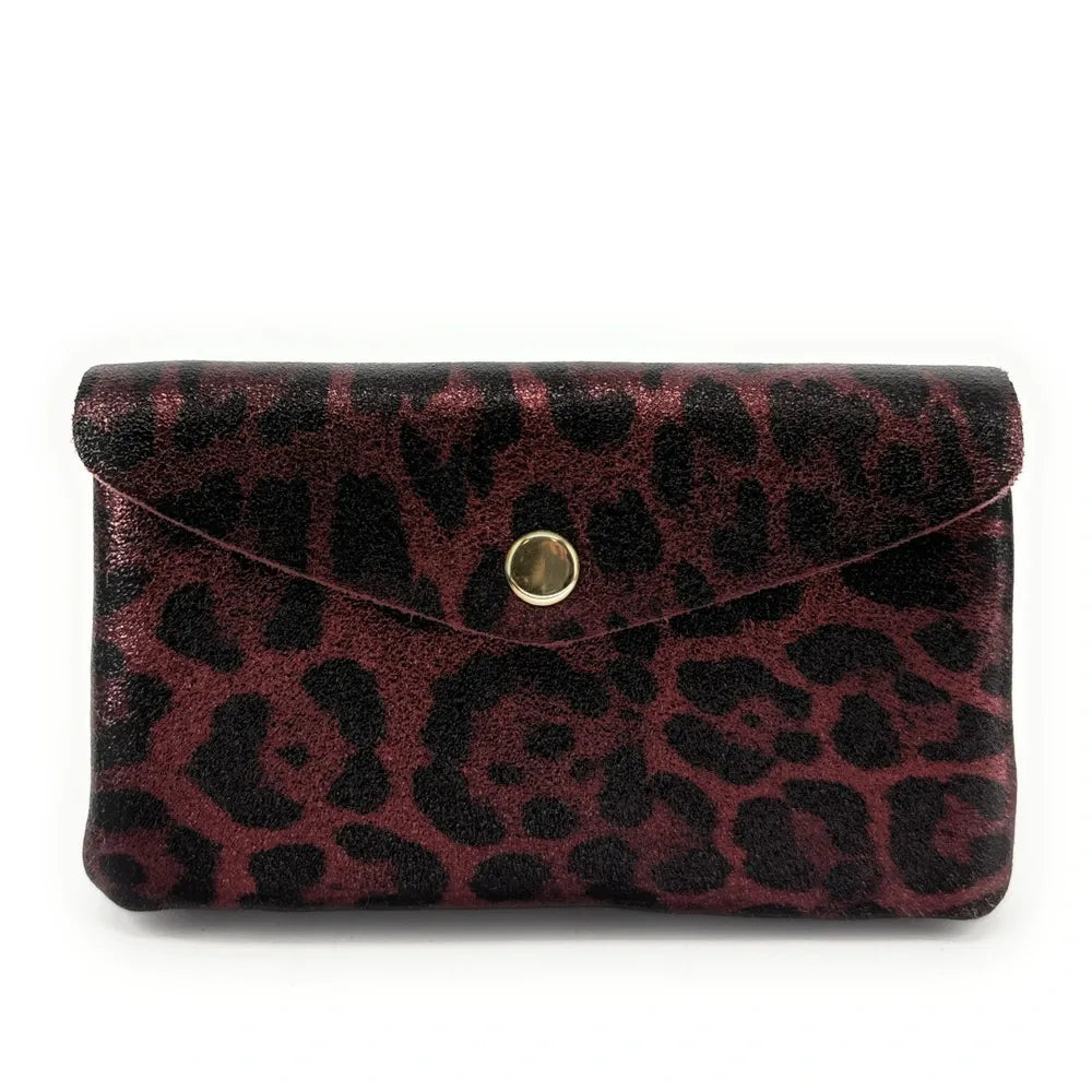 Pochette porte-monnaie en cuir irisé COMPO JUNGLE Leopard burgundy irisé