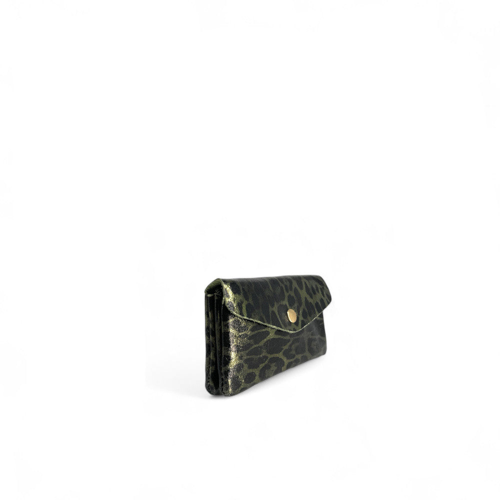 Pochette porte-monnaie en cuir irisé COMPO JUNGLE Léopard kaki irisé