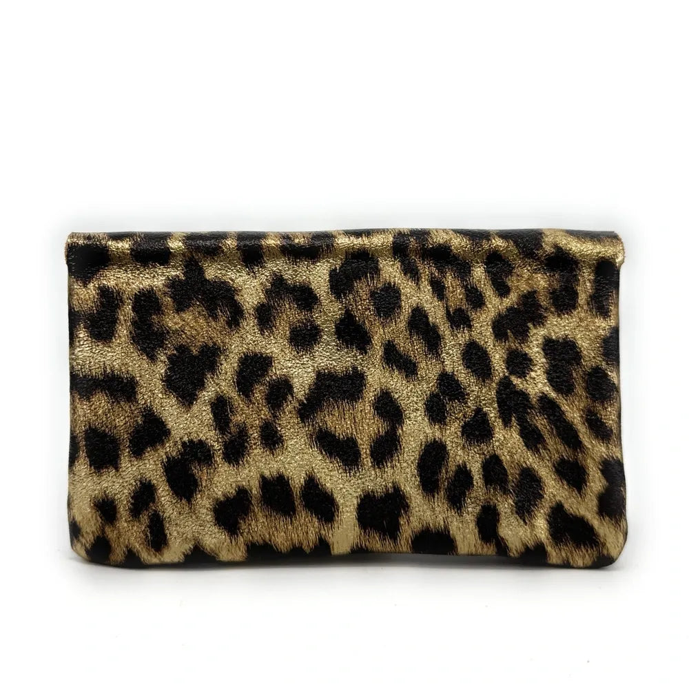 Pochette porte-monnaie en cuir irisé COMPO JUNGLE Léopard or vieilli