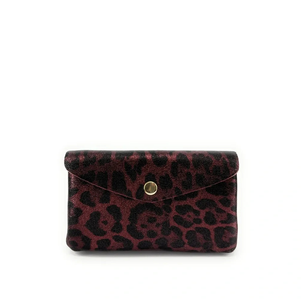 Pochette porte-monnaie en cuir irisé COMPO JUNGLE Leopard burgundy irisé