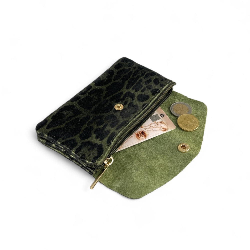 Pochette porte-monnaie en cuir irisé COMPO JUNGLE Léopard kaki irisé