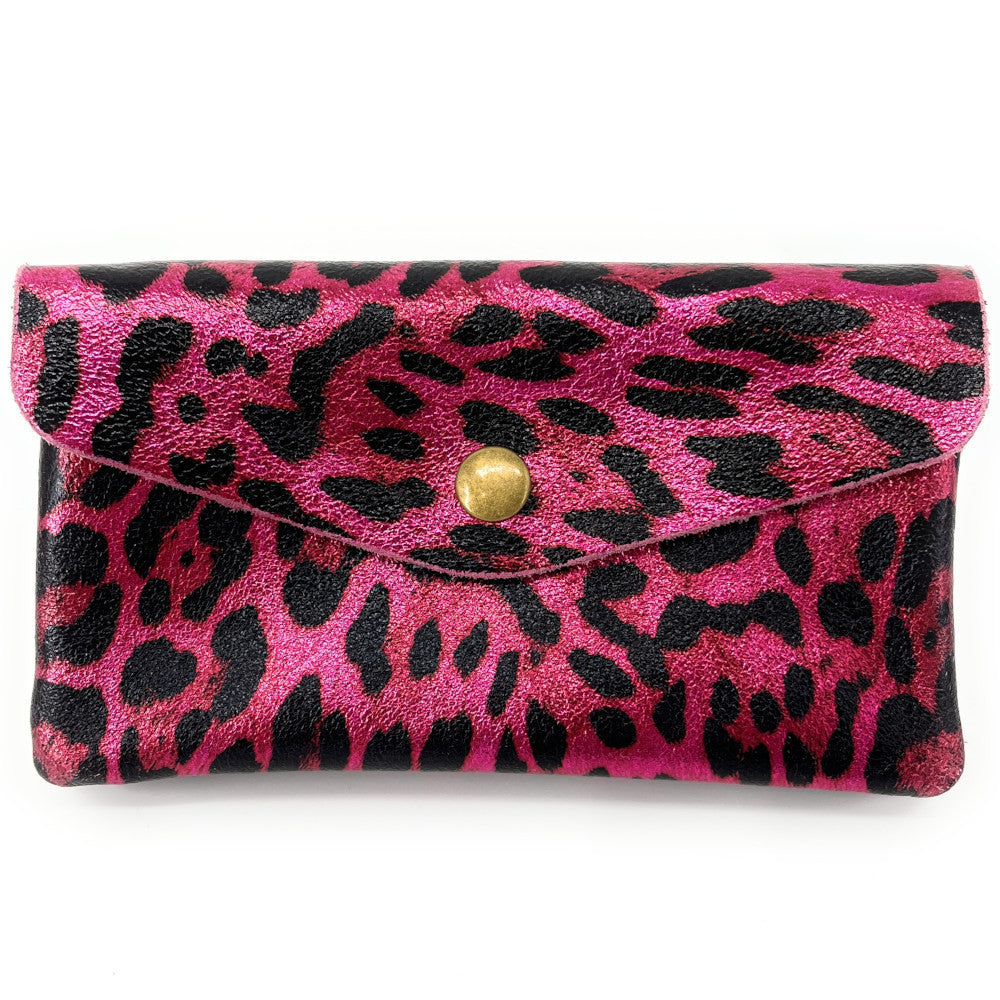 Pochette porte-monnaie en cuir irisé COMPO JUNGLE Léopard fuchsia irisé
