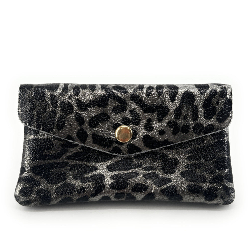 Pochette porte-monnaie en cuir irisé COMPO JUNGLE Léopard argent