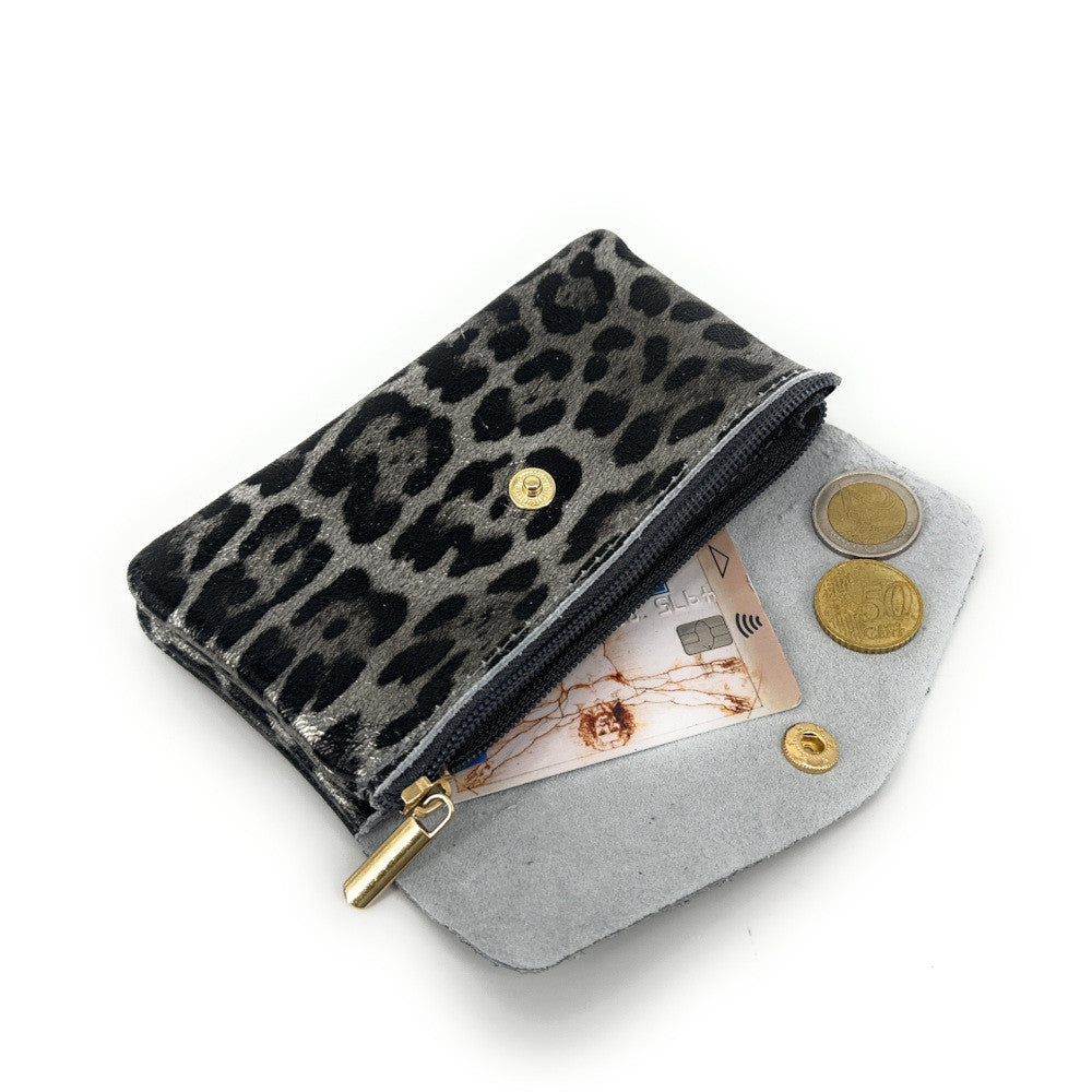 Pochette porte-monnaie en cuir irisé COMPO JUNGLE Léopard argent