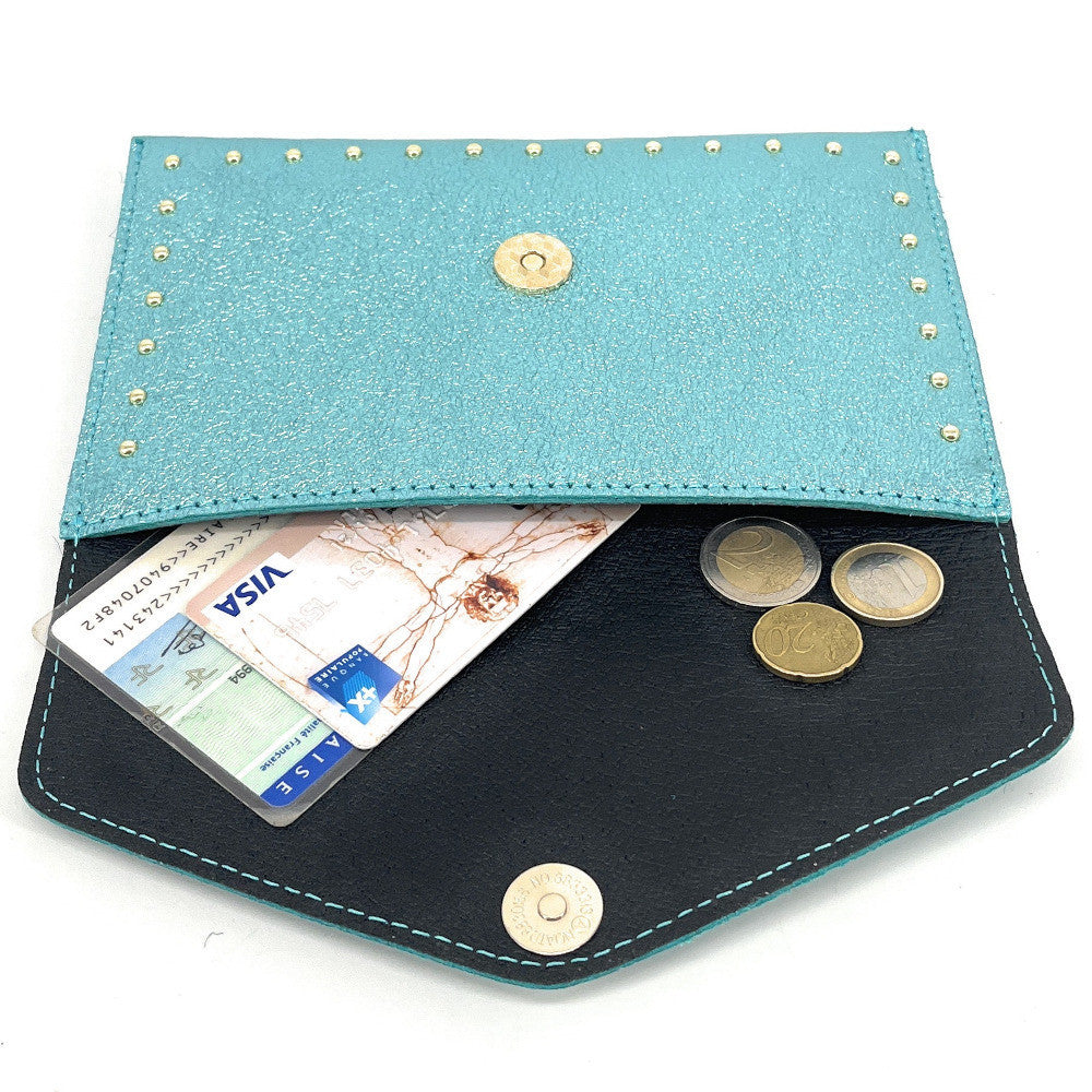 Pochette porte-monnaie en cuir irisé TINA Bleu pastel