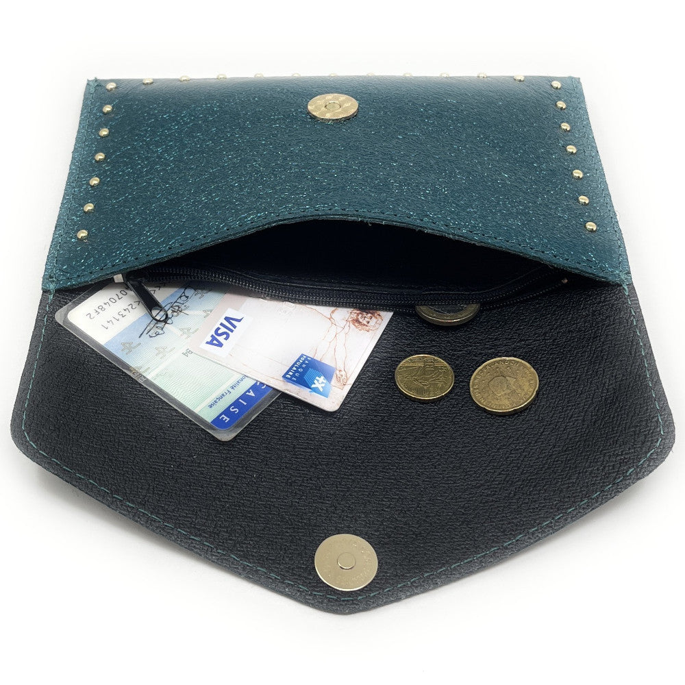 Pochette porte-monnaie en cuir irisé TINA Bleu canard irisé