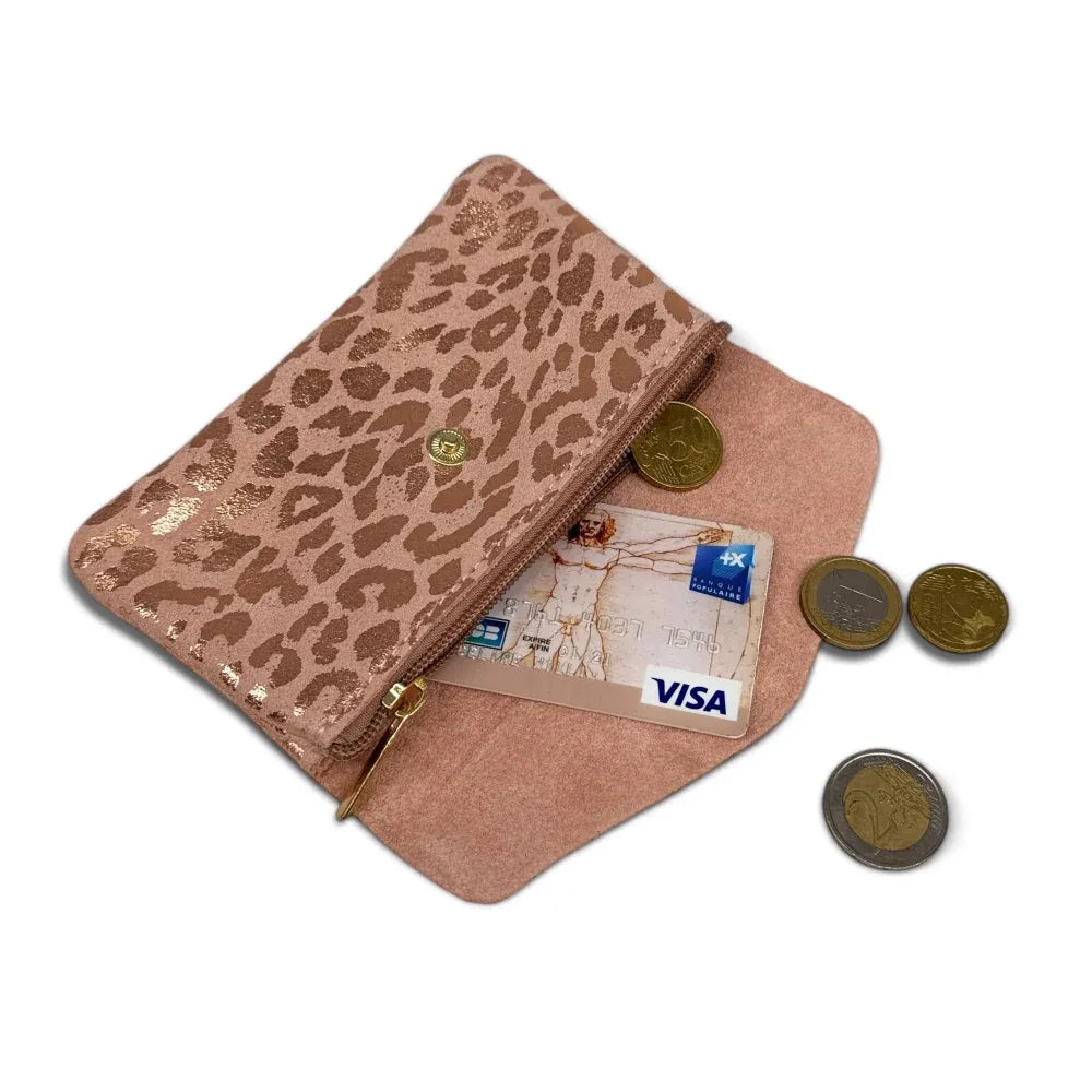 Pochette porte-monnaie en croûte de cuir COMBI LEO Rose gold