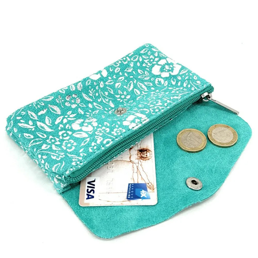 Pochette porte-monnaie en croûte de cuir COMPO BLOOM Bleu des mers du sud