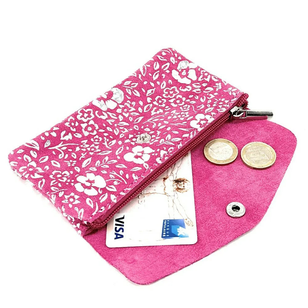 Pochette porte-monnaie en croûte de cuir COMPO BLOOM Rose intense
