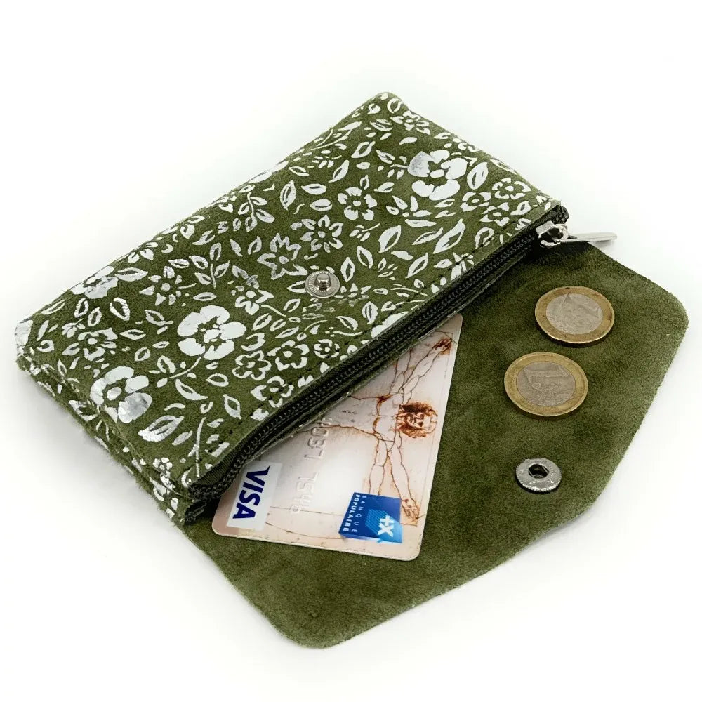 Pochette porte-monnaie en croûte de cuir COMPO BLOOM Kaki