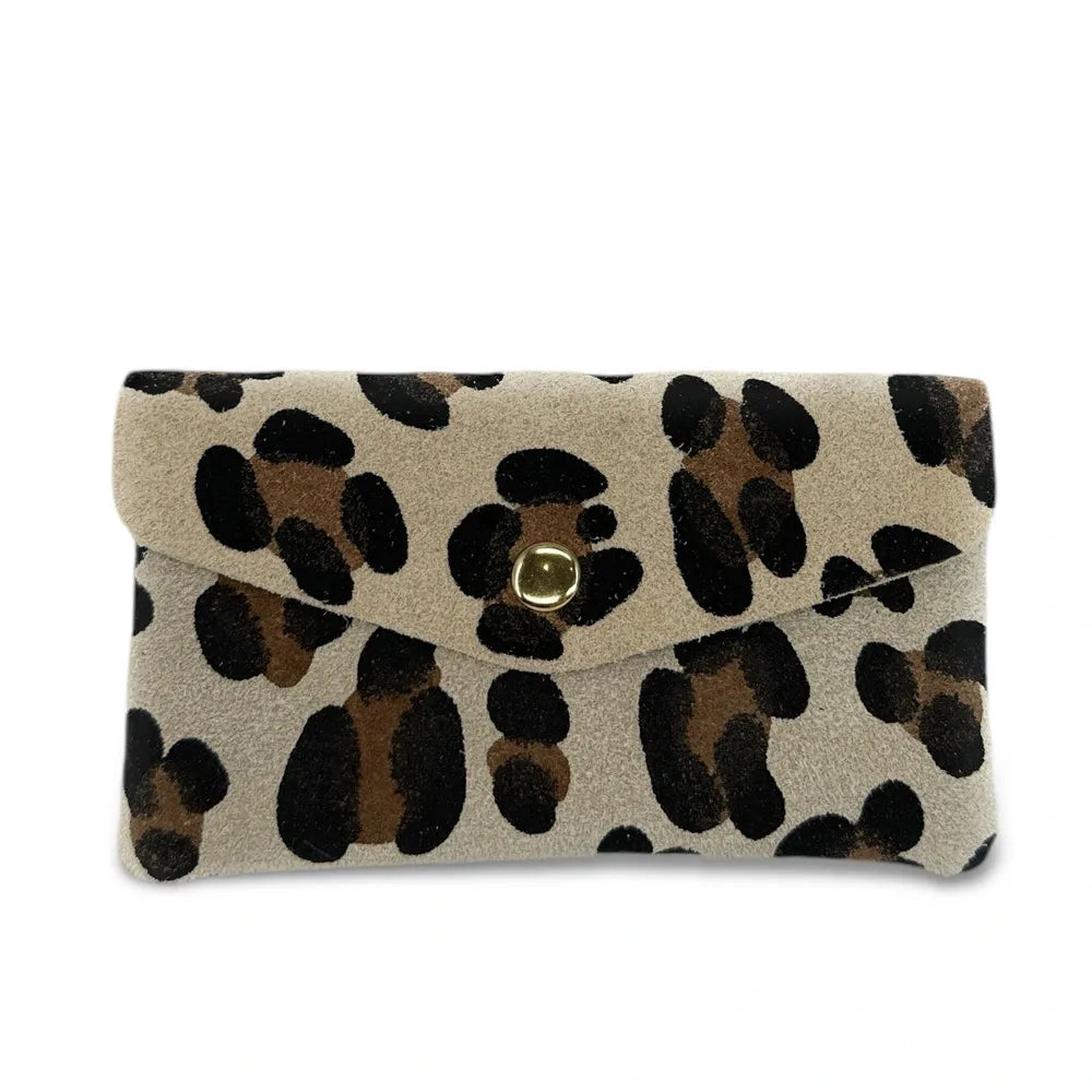 Pochette porte-monnaie en croûte de cuir COMPO SUEDE LEO Léopard taupe clair