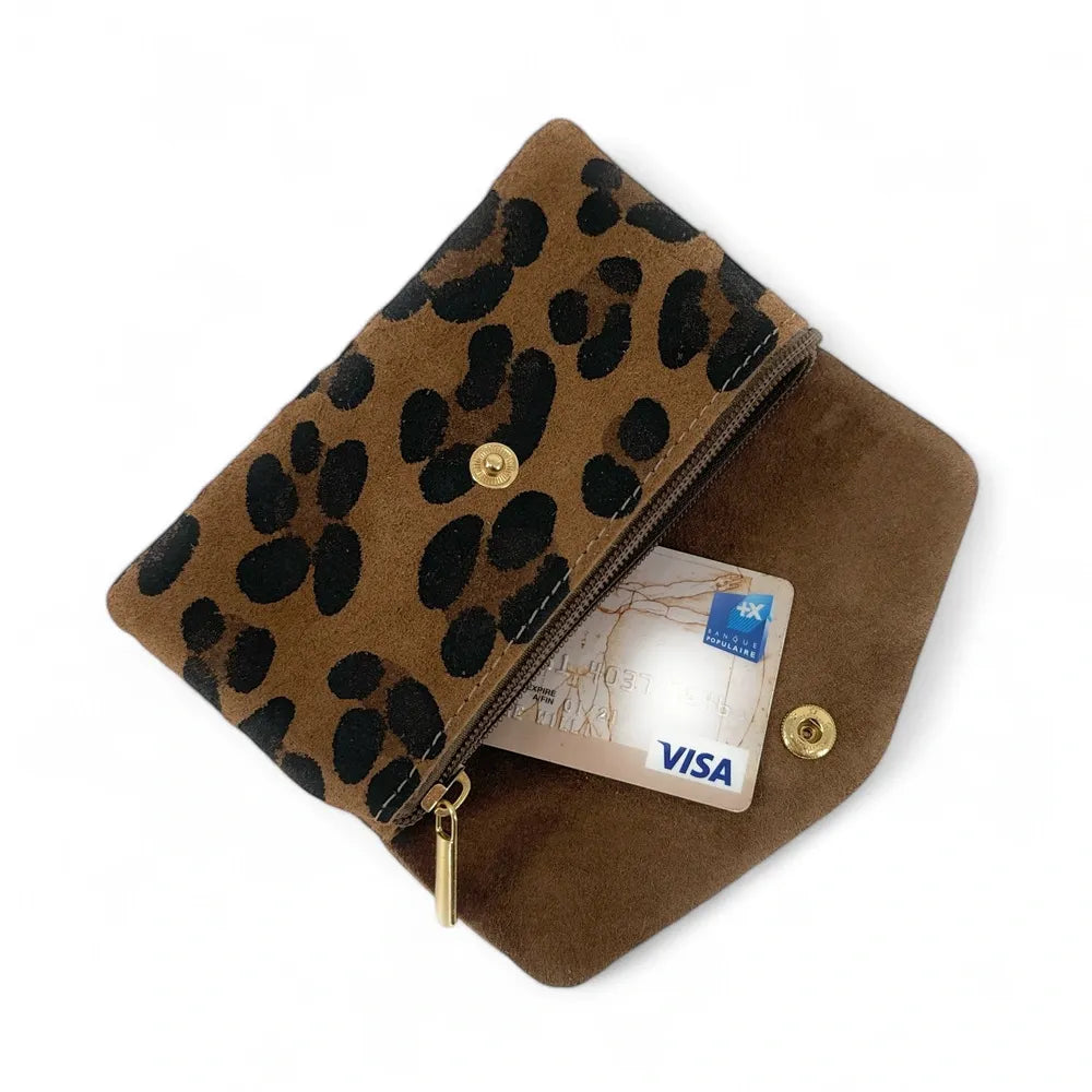 Pochette porte-monnaie en croûte de cuir COMPO SUEDE LEO Léopard taupe foncé
