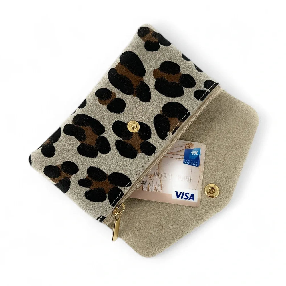 Pochette porte-monnaie en croûte de cuir COMPO SUEDE LEO Léopard taupe clair