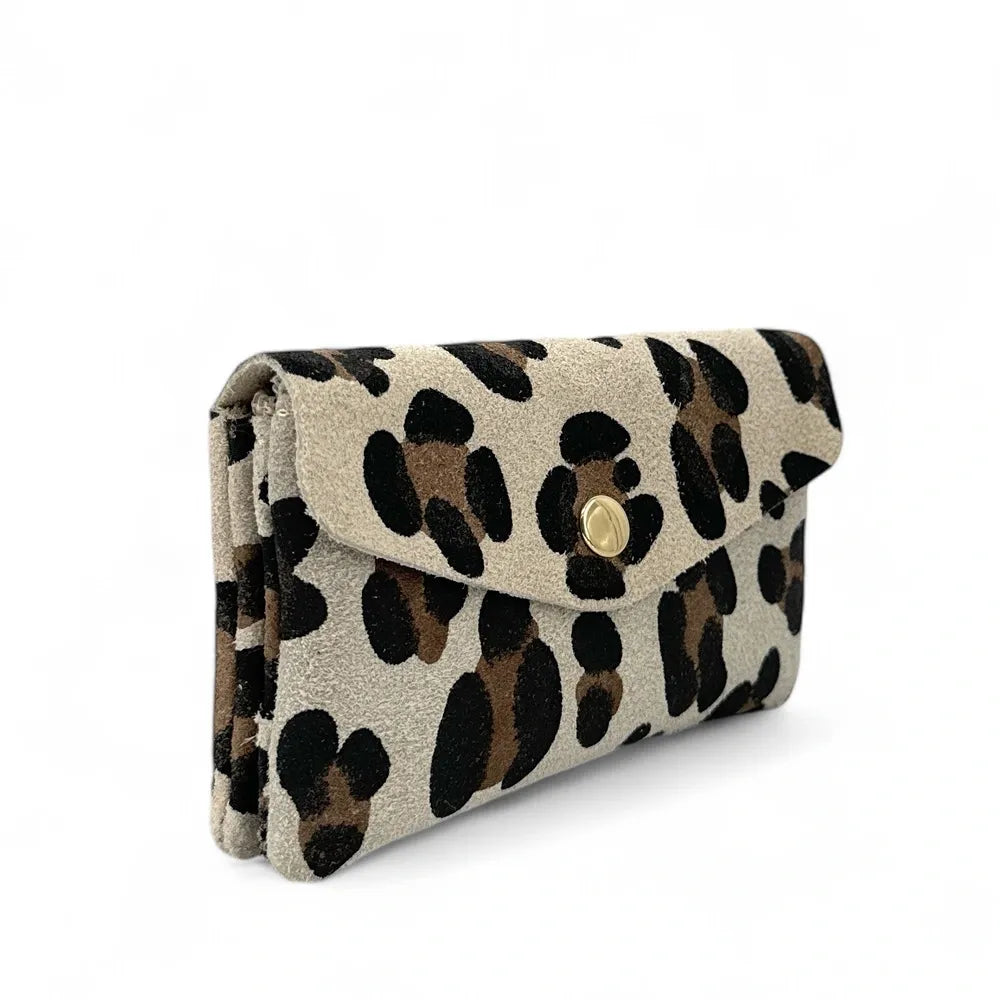 Pochette porte-monnaie en croûte de cuir COMPO SUEDE LEO Léopard taupe clair