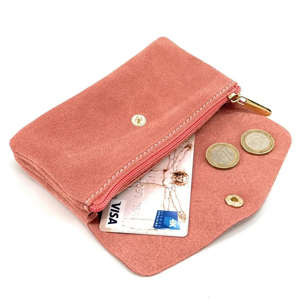 Micro bag coin purse clutch in suede, Salmon pink — COMPO SUEDE