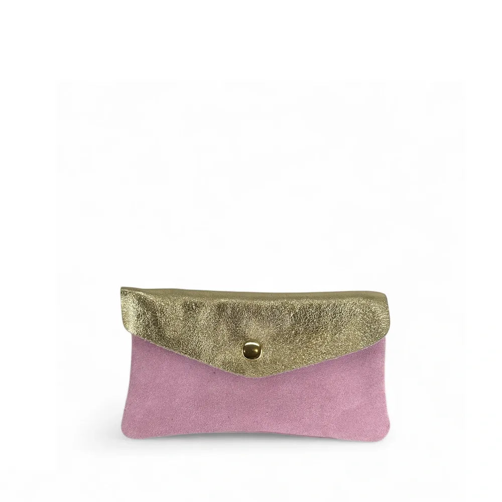 Pochette porte-monnaie en daim et cuir irisé COMBI Rose orchidée