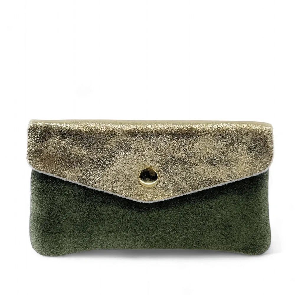 Pochette porte-monnaie en daim et cuir irisé COMBI Kaki