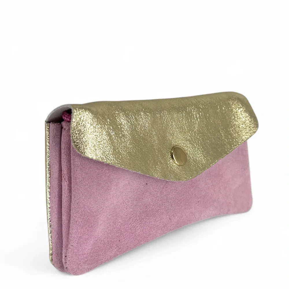 Pochette porte-monnaie en daim et cuir irisé COMBI Rose orchidée