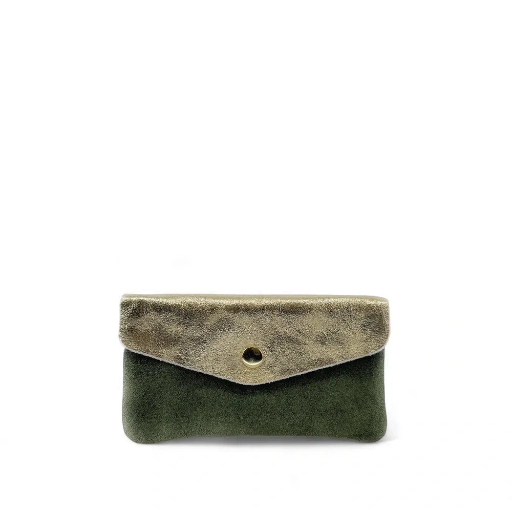 Pochette porte-monnaie en daim et cuir irisé COMBI Kaki