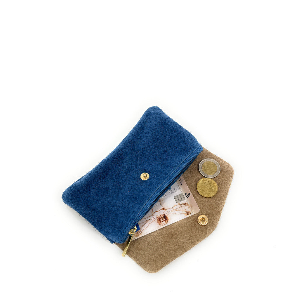 Pochette porte-monnaie en daim et cuir irisé COMBI Bleu denim