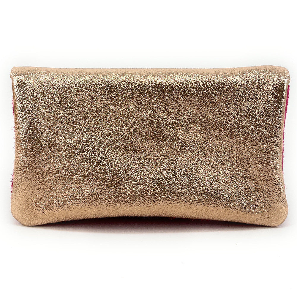 Pochette porte-monnaie en daim et cuir irisé COMBI Rose fuchsia