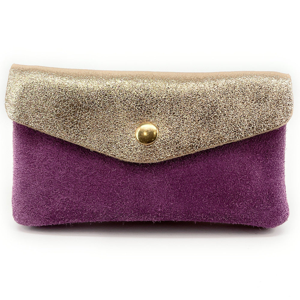 Pochette porte-monnaie en daim et cuir irisé COMBI Prune