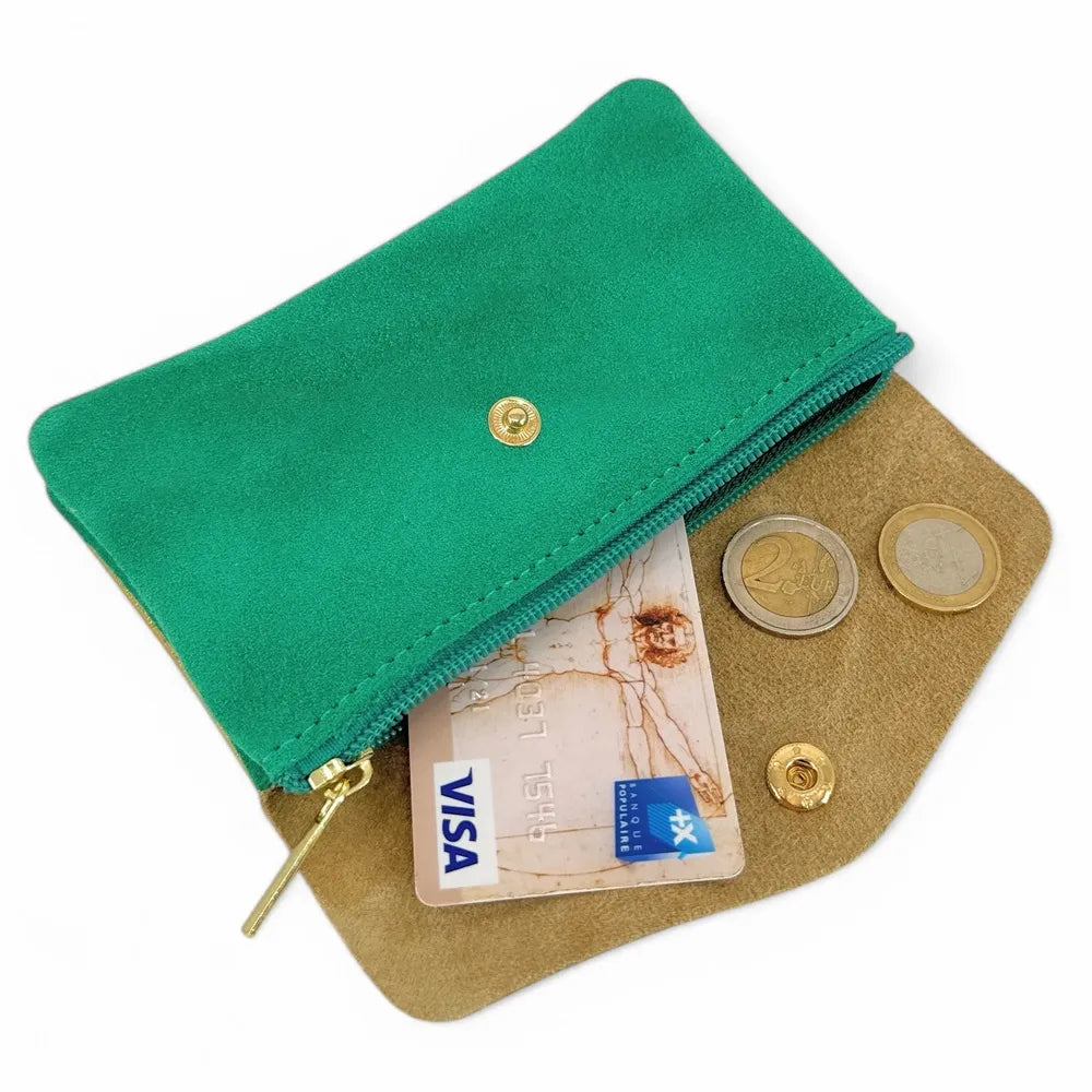 Pochette porte-monnaie en daim et cuir irisé COMBI Vert menthe