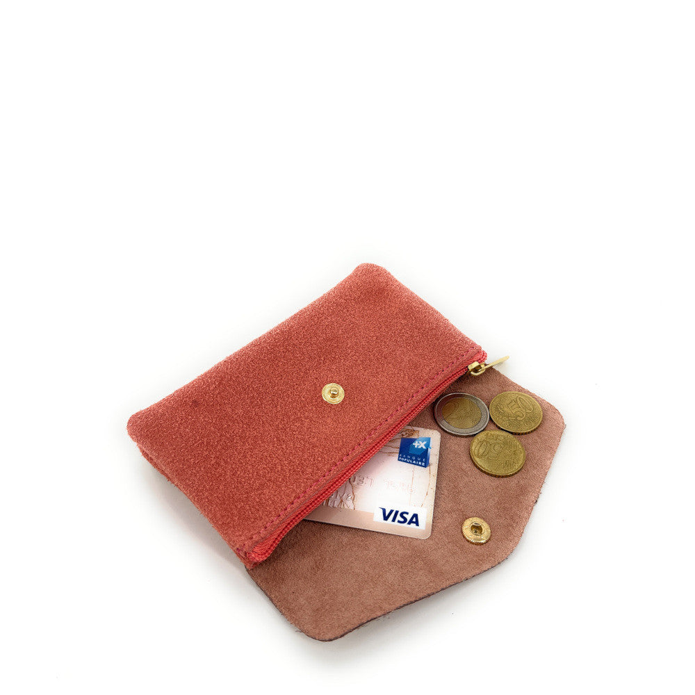 Pochette porte-monnaie en daim et cuir irisé COMBI Rose corail