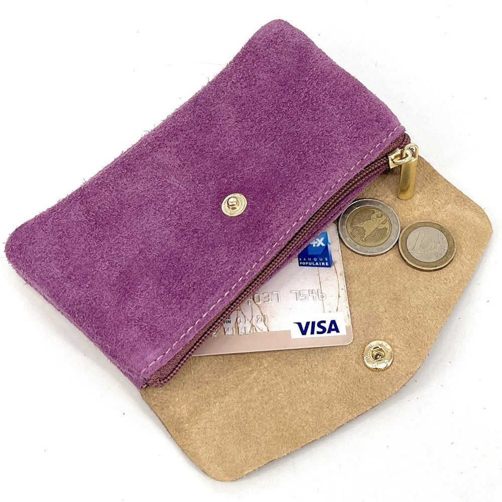 Pochette porte-monnaie en daim et cuir irisé COMBI Prune