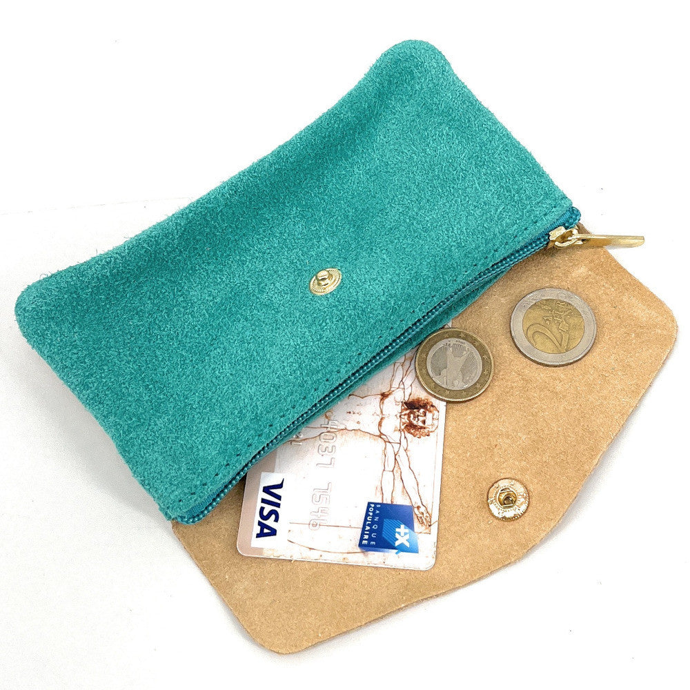 Pochette porte-monnaie en daim et cuir irisé COMBI Bleu turquoise