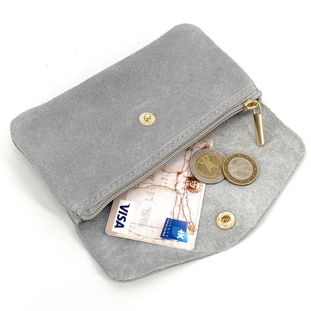 Pochette porte-monnaie en daim et cuir irisé COMBI Gris clair