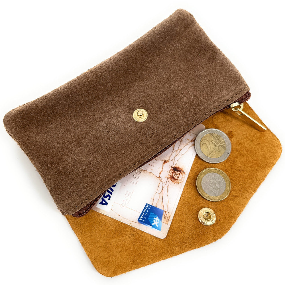 Pochette porte-monnaie en daim et cuir irisé COMBI Bronze