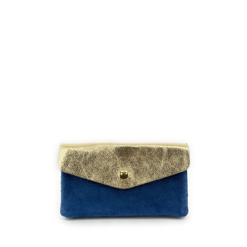 Pochette porte-monnaie en daim et cuir irisé COMBI Bleu denim