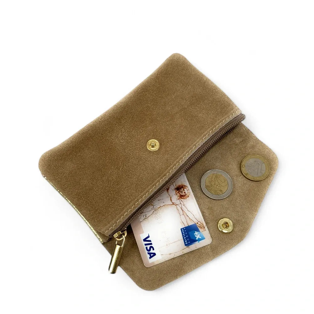 Pochette porte-monnaie en daim et cuir irisé COMBI Taupe