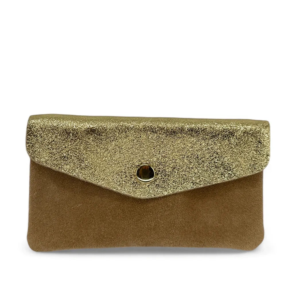 Pochette porte-monnaie en daim et cuir irisé COMBI Taupe