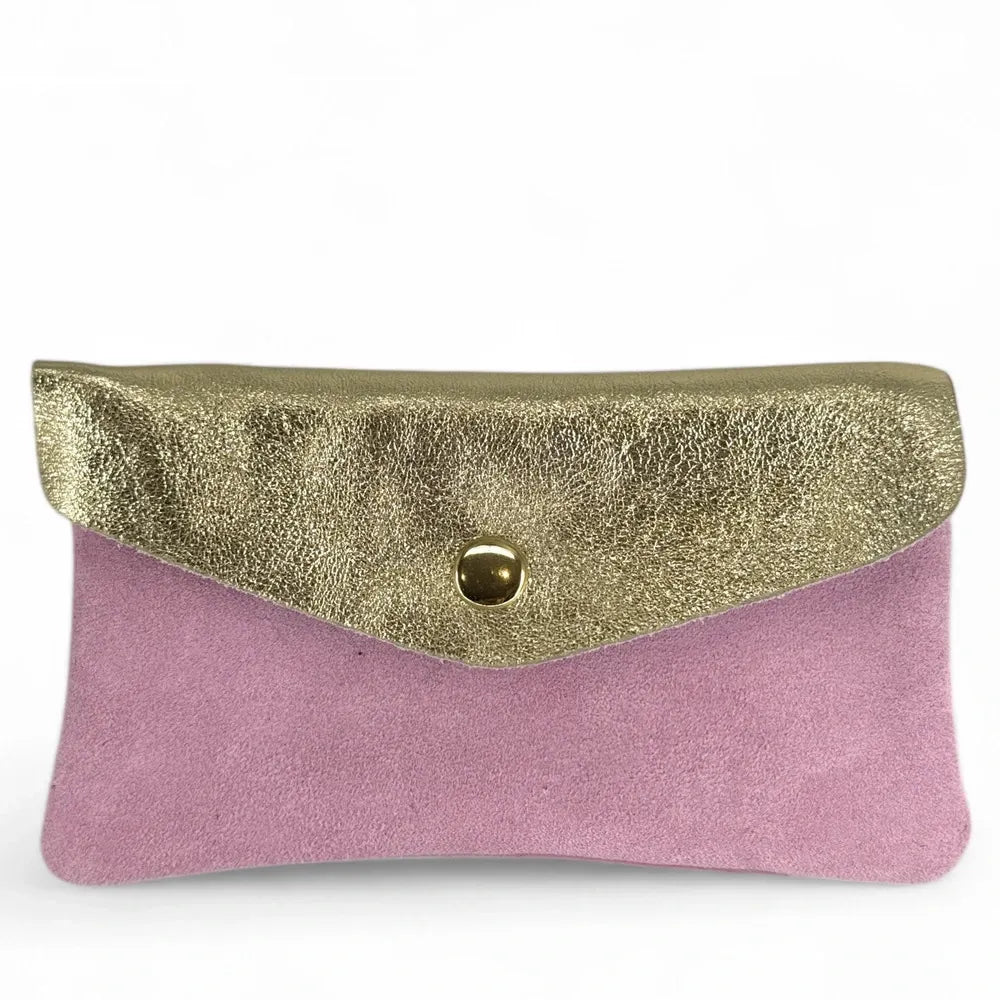Pochette porte-monnaie en daim et cuir irisé COMBI Rose orchidée