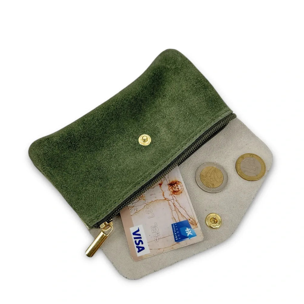 Pochette porte-monnaie en daim et cuir irisé COMBI Kaki