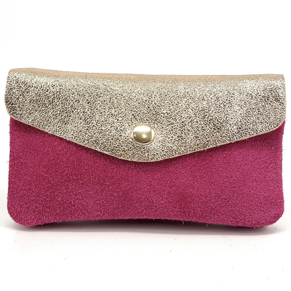 Pochette porte-monnaie en daim et cuir irisé COMBI Rose fuchsia