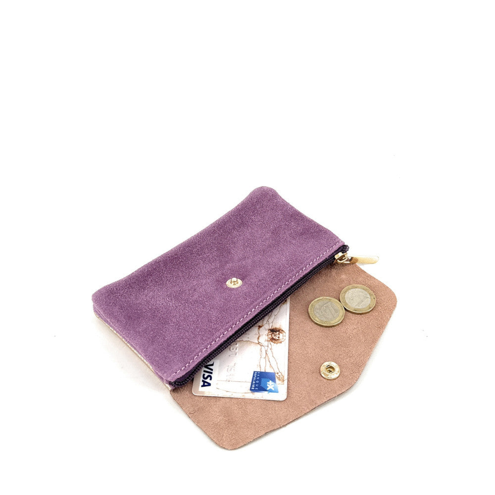 Pochette porte-monnaie en daim et cuir irisé COMBI Mauve
