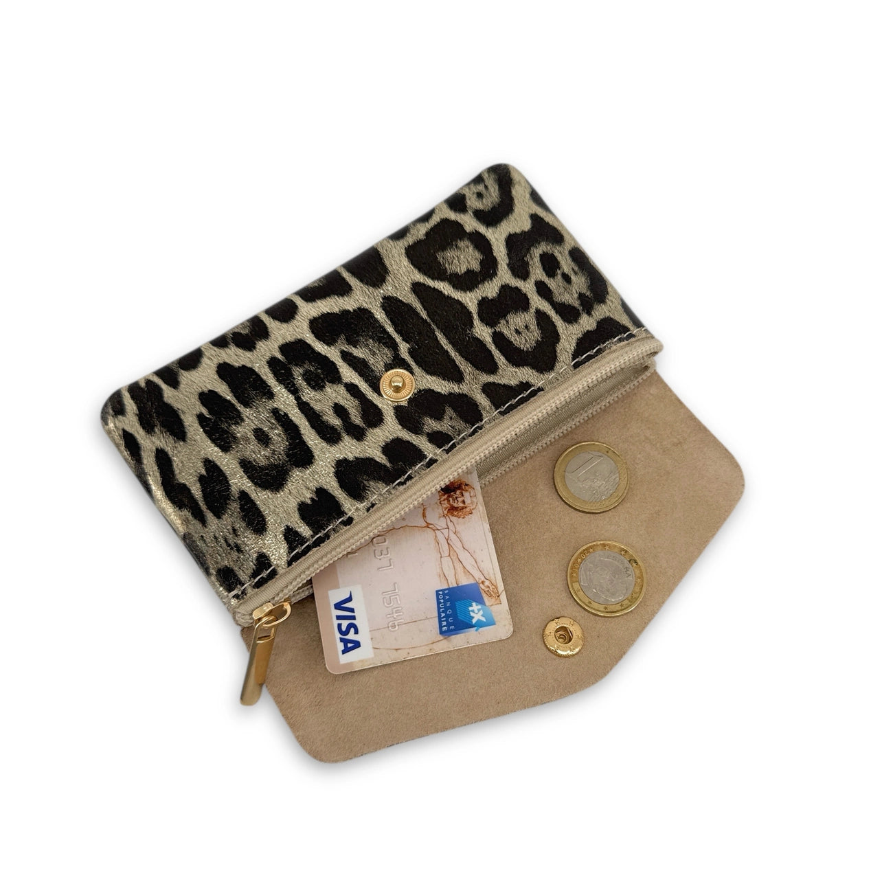 Pochette porte-monnaie en cuir irisé COMPO JUNGLE Leopard or pâle