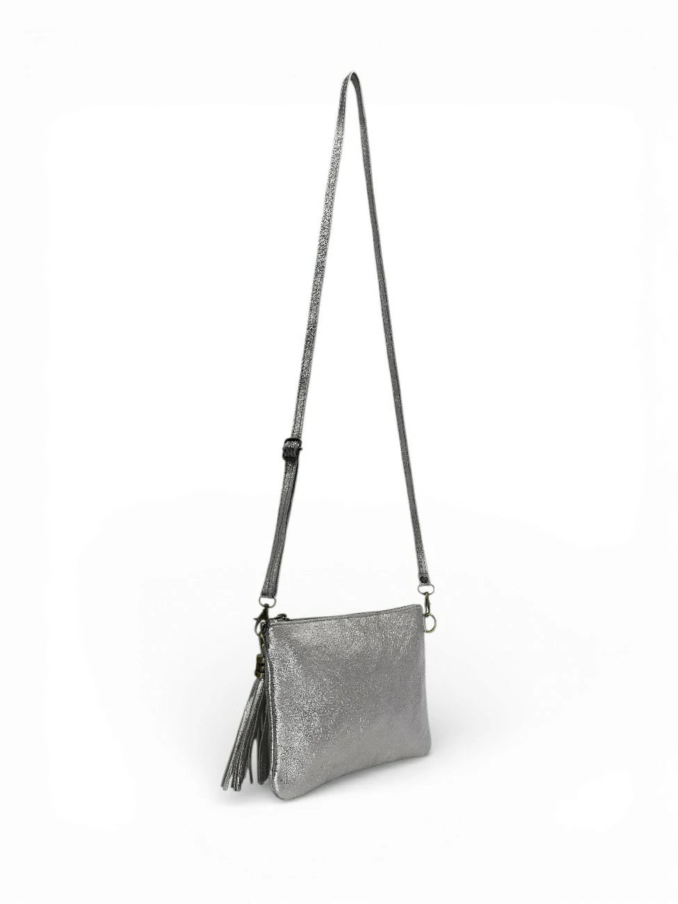 MORGANE iridescent leather clutch bag in Light Silver