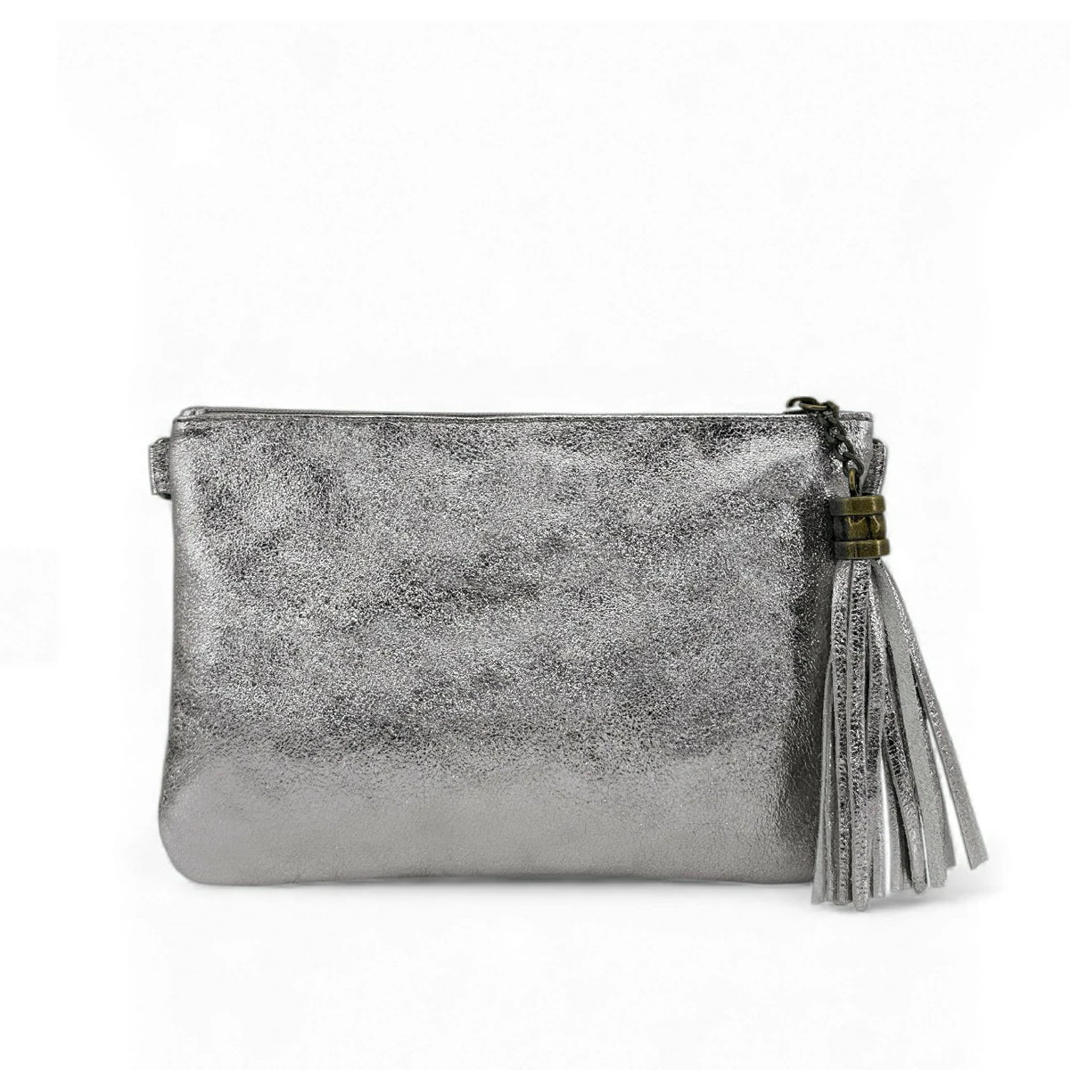 MORGANE iridescent leather clutch bag in Light Silver