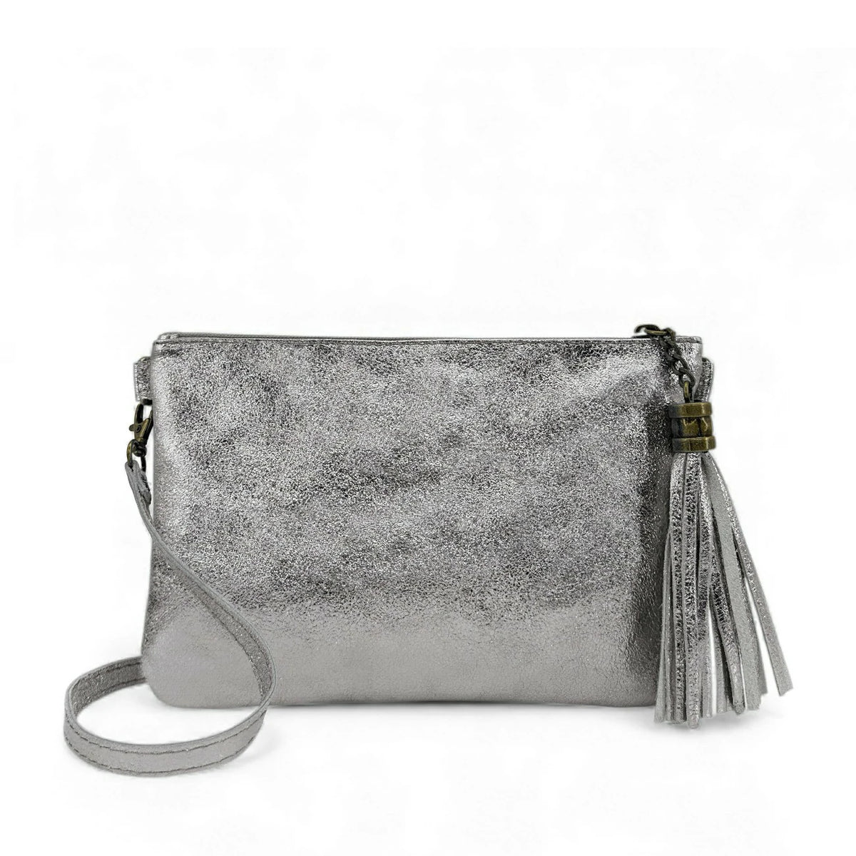 MORGANE iridescent leather clutch bag in Light Silver