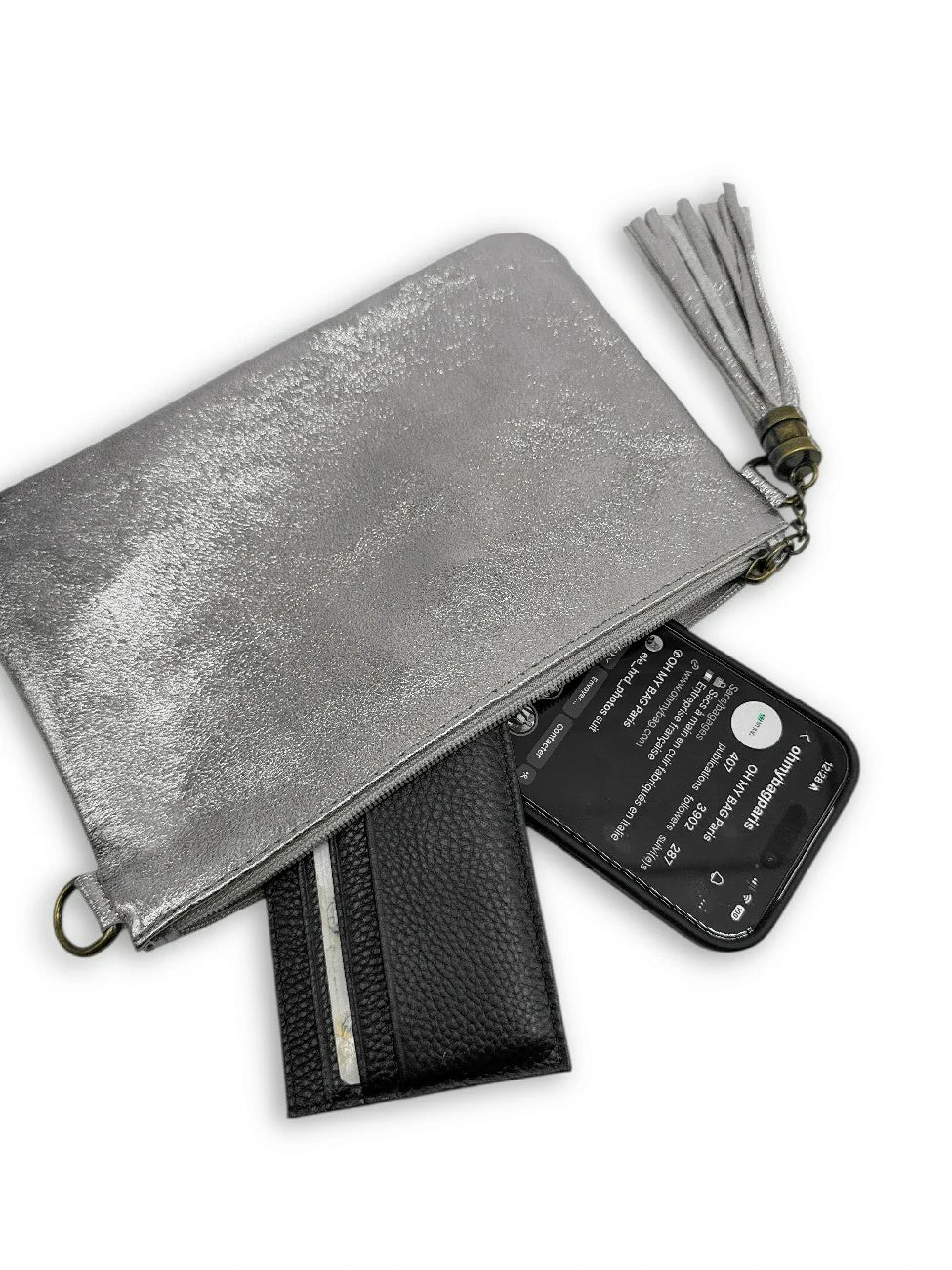 MORGANE iridescent leather clutch bag in Light Silver