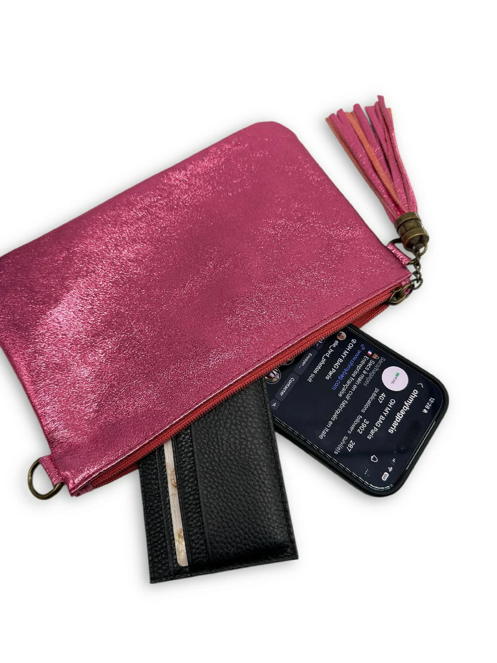 MORGANE iridescent leather clutch bag Neon Pink