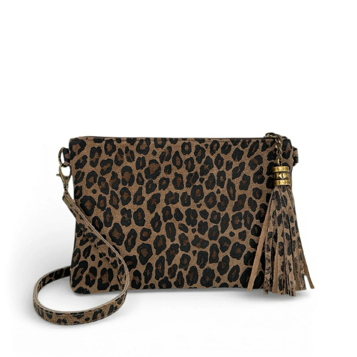 Clutch aus Wildleder mit Muster MORGANE JUNGLE Dunkeltaupe-Leopard